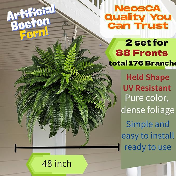 NeosCA Giant Artificial Boston Ferns for Outdoors Large – UV Resistant Lifelike Faux Fern, Realistic Silk Greenery Plants Large Office, Home Decor, 2pack 88 Branches, 48 Inch Fake Fern Natural Green