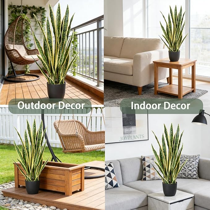 Fake Snake Plant, 27" Fake Potted Plants with Black Pot Realistic Artificial for Home Decor, Low Maintenance No Watering Needed Faux Plants for Desk Corner Office & Pet Areas(yellow-27in)