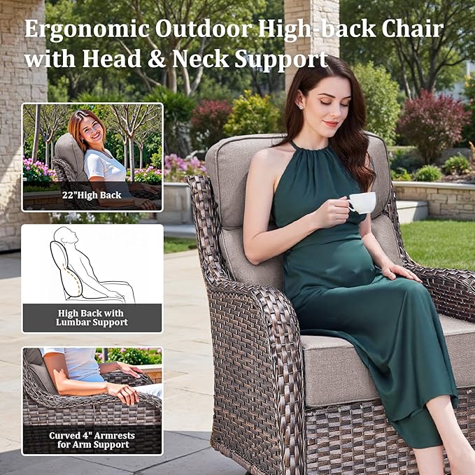 Luxury Outdoor Swivel Rocker Patio Chairs Set of 5, High Back Swivel Patio Chairs with Side Table & 6" Thick Cushions, Ottomans, Wicker Outdoor Bistro Set for Porch, Yard, Deck, Poolside, Brown/Grey