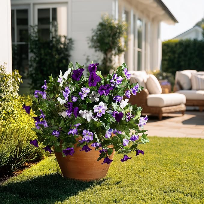 Artificial Morning Glory Flowers Plants for Outdoor 2Pcs Faux Silk Petunias Flower Realistic Faux Flowers Plants for Outside Planter Porch Yard Patio Balcony Home Indoor Decor (2 Pcs Purple)