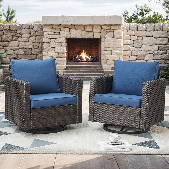 Outdoor Patio Swivel Rocker Chairs - Single Wicker Patio Swivel Rocking Chair with Waterproof Wicker,Comfortable Cushions and Sturdy Metal Frame for Outside Porch Deck Backyard(Brown/Blue/1PC)