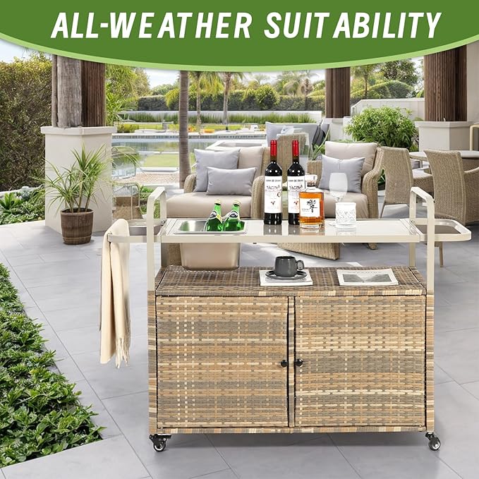 Outdoor Bar Cart with Cabinet, 51.57" Patio Serving Cart with Steel Top, Built-in Ice Bucket, Side Basket & Lockable Wheels for Garden, Backyard & Poolside, Beige