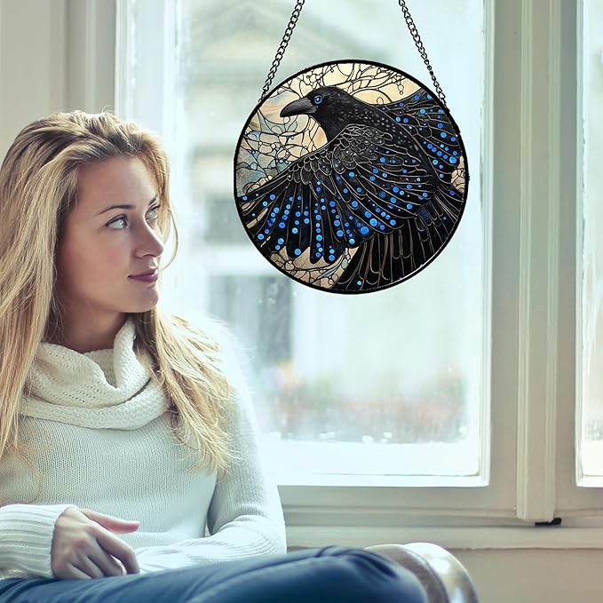 Stained Glass Window Hanging - Black Crow Big Wings Suncatcher for Doors Garden Patio Bird Sun Catchers Decor Christmas Mother's Day Birthday Gifts for Women Men Mom Nana Friend 11.8 in