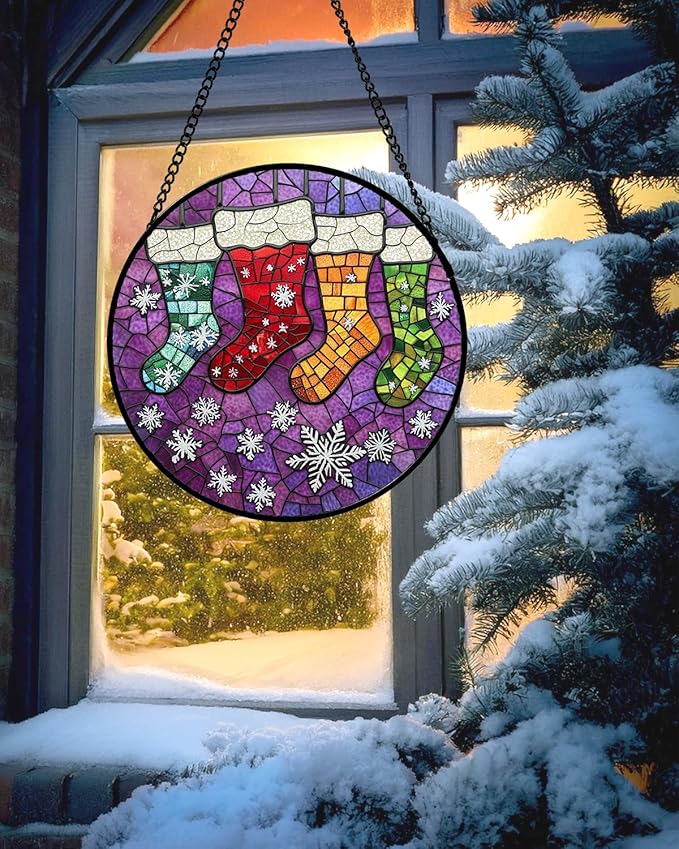 Stained Glass Window Hanging - Christmas Stockings Suncatcher for Doors Home Christmas Decoration Winter Sun Catcher Thanksgiving New Year Birthday Gifts for Women Men Mom Nana Girl 15 in