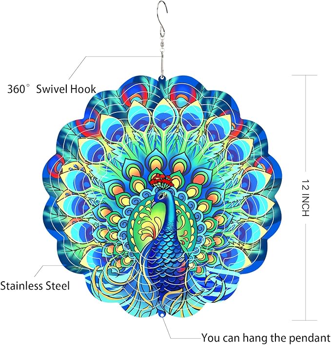 Peacock Wind Spinners Outdoor for Women Mom Grandma,12inch Metal Hanging Wind Sculptures for Outside Decor, Peacock Ornament Presents for Yard Garden Decoration