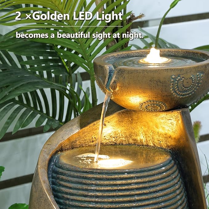 Vase Outdoor Water Fountain, 31.4''H Jar Waterfall Fountain with Warm LED Lights&Durable Pump for Yard, Porches, Home Décor,Garden,Office