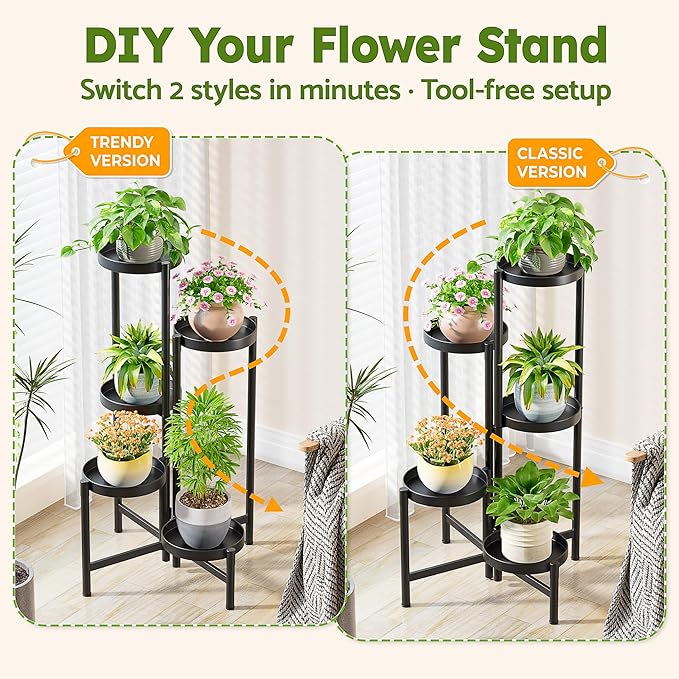 NQW Tall Plant Stand Indoor Outdoor, Corner Metal Flower Pot Stands for Multiple Plants, 5 Tier Heavy Duty Plant Shelf for Patio Garden Balcony Living Room Bedroom - BlackDisk