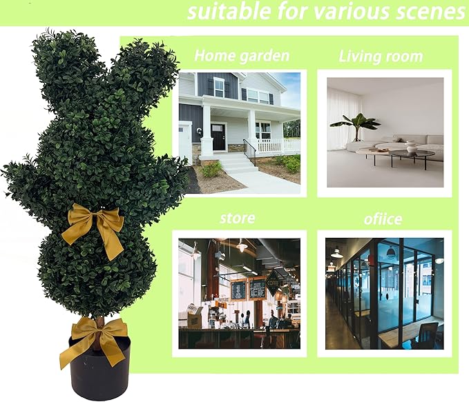 BLONYUVC 36'' Artificial Bunny-Shaped Topiary Double Ball Tree Pot UV-Resistant Bowknot Faux Boxwood Topiaries Plant for Porch Decor Outdoor/Indoor 2 Pack