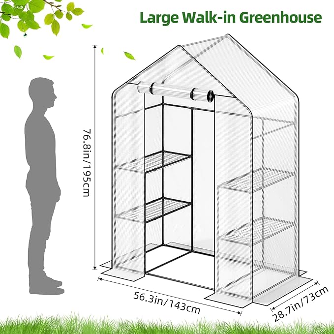 Superlele Walk-in Greenhouse for Outdoor, 56x29x77 Inch Portable Garden Green House with 6 Tiers (3 Tiers Each Side), Reinforced White PE Mesh Cover, 4 Ground Stakes for Stability, Zippered Door