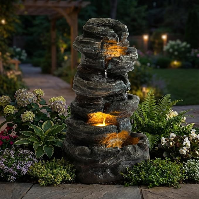 6-Tier Outdoor Cascading Stone Water Fountain, 35" H Freestanding LED Rock Waterfall with Natural Stone Appearance and Lights, Resin Water Feature for Garden Patio Yard Deck