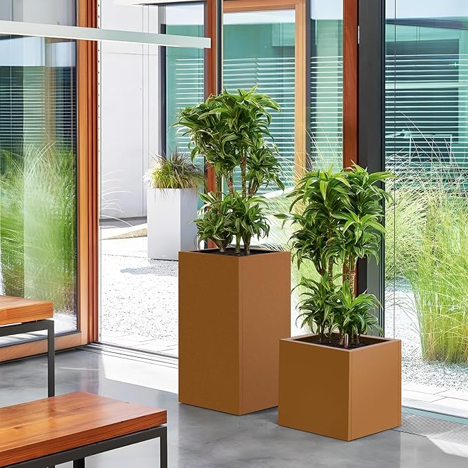 Meyoppm Corten Steel Planter Box 20"x20"x21", Rustic Metal Planter with Partitions & Drainage Holes, Frost Rust Resistant Heavy Duty Planter for Patio Garden Indoor Outdoor Commercial Decor