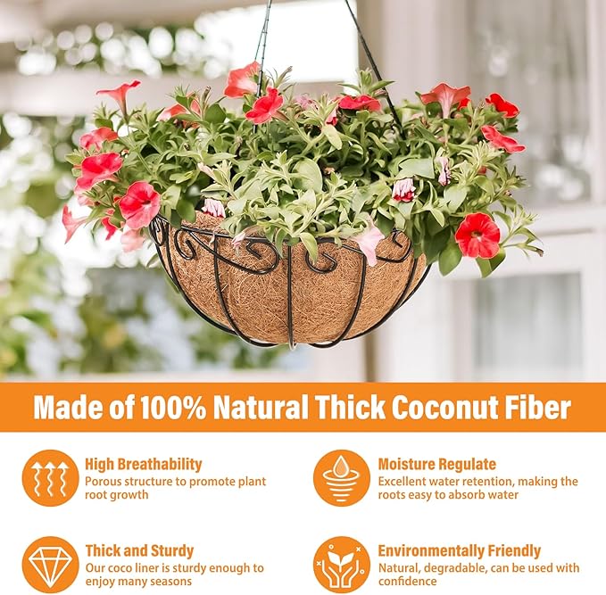 Legigo 2 Pack 10 Inch Metal Hanging Baskets for Plants Outdoor- Round Wire Hanging Planters Basket with Coconut Coir Liner, Hanging Flower Pot for Outdoor Plants Flowers Garden Decorations