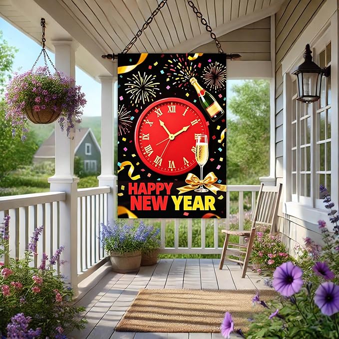 Happy New Year House Flag 28x40 Inch Red Clock Champagne Bottle and Fireworks Garden Flag Colorful Outdoor Yard Decoration Holiday Celebration Banner for Home Porch Lawn