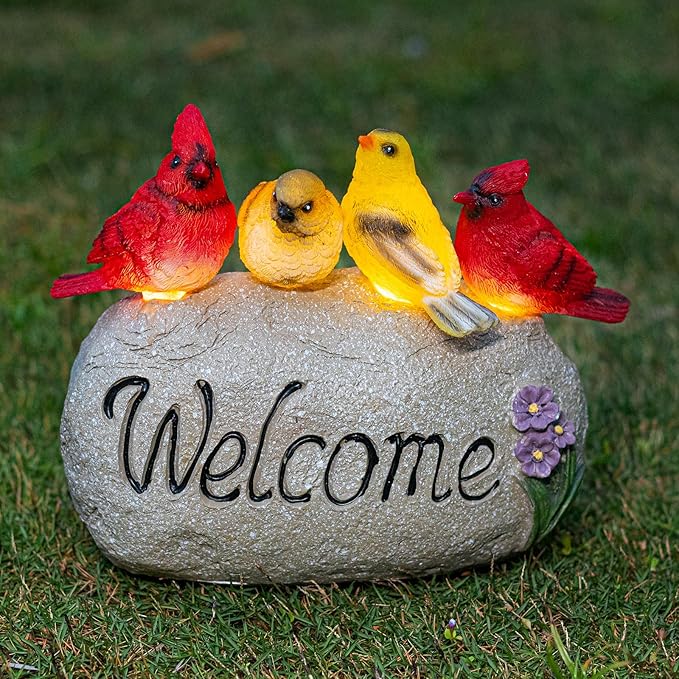 Ovewios Solar Garden Statues Outdoor Decor, Welcome Sign Garden Sculptures Statue Novelty Birds Figurine Decoration for Patio Yard Porch Art Home Decor