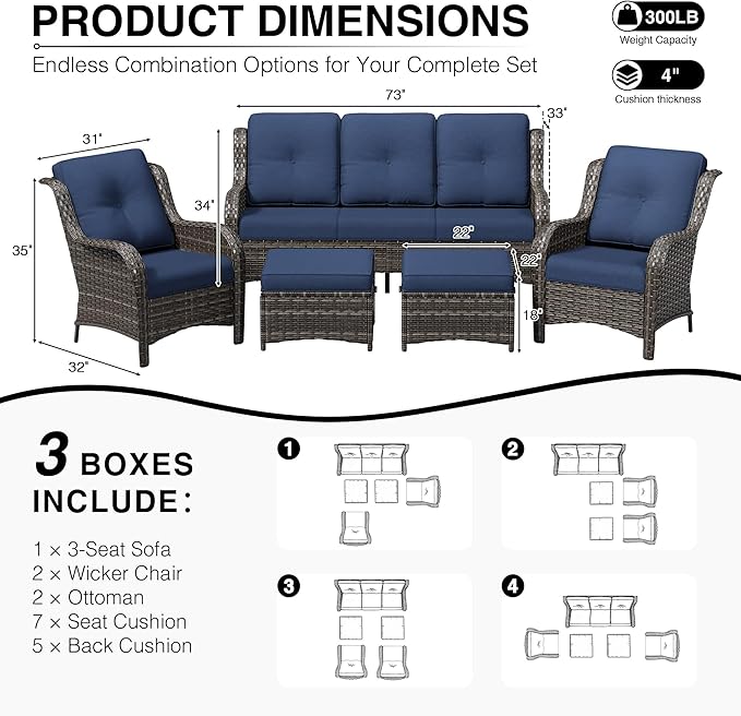 Joyside 5 Piece Wicker Patio Furniture Set, Rattan Patio Chairs with High Back, Deep Seating, Wide Armrest, Thickened Cushions, Outdoor Furniture for Deck, Porch Use