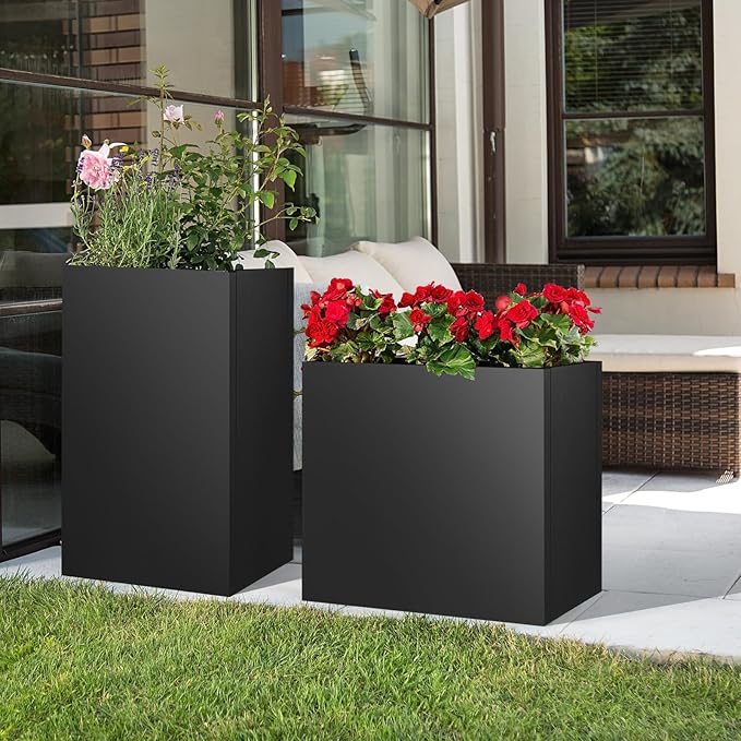 Meyoppm Metal Planter Box 28"x12"x28", Rectangular Steel Planter Box Frost Proof Rust Resistant Indoor&Outdoor, Heavy Duty Steel Planter for Commercial and Residential Use