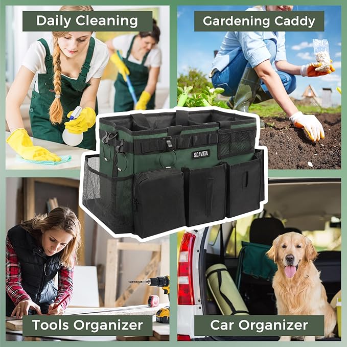 Wearable Cleaning Caddy Bag, Cleaning Caddy Supplies Organizer with Handle & Shoulder Straps for Housekeepers, Under Sink & Car Cleaning Tool Organizers with 4 Foldable Divider (TreeGreen)