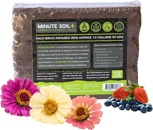 Minute Soil Plus Brick - NPK Amended Compressed Coco Coir Fiber Grow Medium - 3 Bricks = 1.5 Gallons of Potting Soil Each - Gardening, Plants, Flowers, Herbs, Microgreens - Peat Free