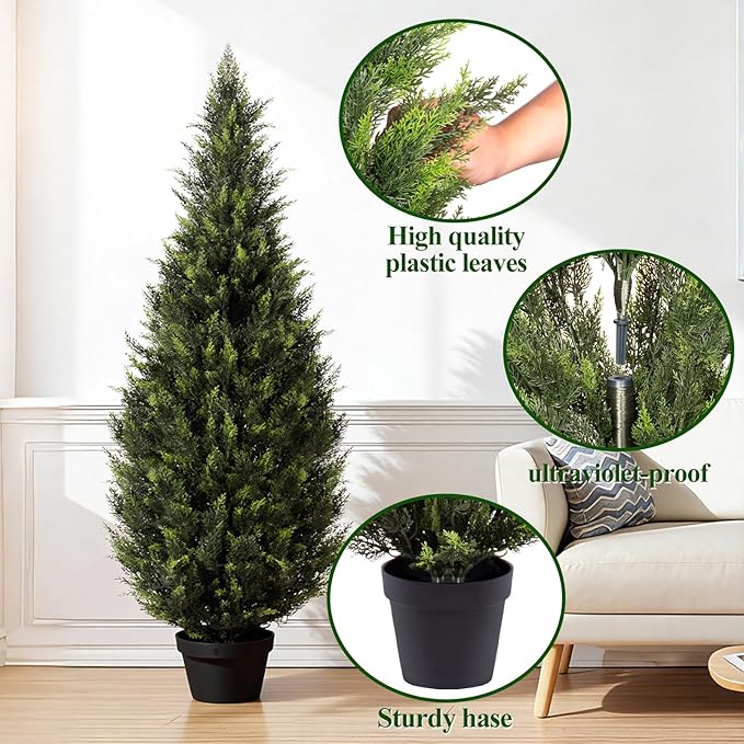 ZEEOZE 6FT Artificial Cedar Topiary Trees (1 Pack) - UV Resistant Faux Evergreen Shrubs Extra Dense Foliage Realistic Fake Pine Cypress Plants Easy Assembly for Front Porch Garden Indoor Office Decor
