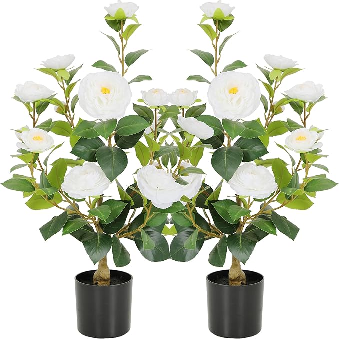 Nafresh 2FT Lush Artificial White Camellia Tree Outdoor 2 Pack, 24inch Faux Camellia Plant, Fake Camellia Flowers Tree for Indoor Outdoor Living Room Home Patio Front Door Garden Decor