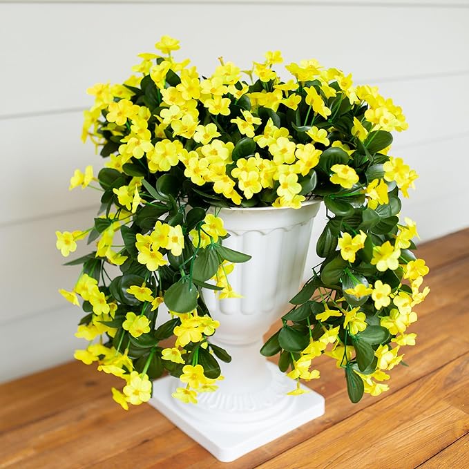 Artificial Fake Hanging Plants Flowers for Outdoor Outside, 2 PCS Faux Silk Yellow Daisy Mums Long Vines UV Resistant Realistic for Home Porch Patio Balcony Planter Decoration