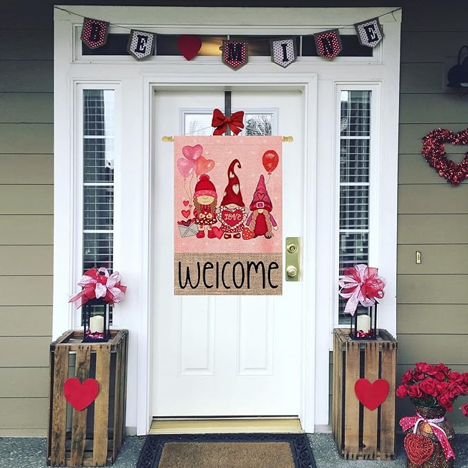 Welcome Valentines Day Gnomes House Flag 28x40 Inch Double Sided Outside Red Balloon for Outdoor Farmhouse Anniversary Holiday Yard Valentine Decoration FF-225