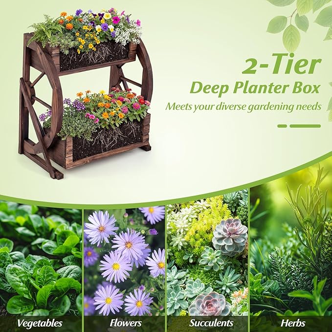 Giantex Wooden Wagon Planter Box, 2-Tier Garden Planter with Drainage Holes for Flowers Herbs Vegetables, Indoor Outdoor Decorative Planter Container for Patio Garden Balcony (1)