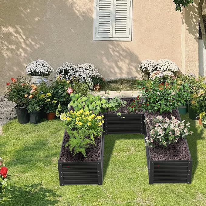 A ANLEOLIFE 4 Set U-Shaped Galvanized Raised Garden Beds Outdoor,6x6x1.5ft Large Metal Planter Box for Planting Vegetables Flowers Herb, Anti-Rust & Easy-Setup, Quartz Grey