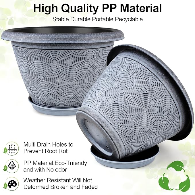 Fodetyff 10 Inch Flower Pots Planters for Indoor Outdoor Plants, 3 Pack Plastic Large Plant Pots with Drainage Hole & Tray, Modern Decorative Garden Pot with Saucer, Plant Container for House