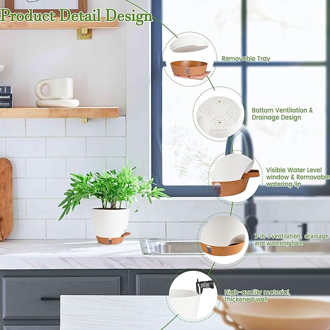 Fielda Self Watering Pots for Inoor Ourdoor Plants 8/7/6.5/6/5 Inch Plastic Planters with Drainage Holes & Water Level Indicator, Decorative House Flower Nursery Planting Pots with Saucers (White)
