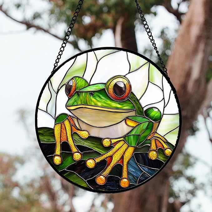 DASTOLL Stained Glass Window Hanging, Green Frog White Petals Sun Catchers Colorful Glass Panel Cute Suncatcher Decor for Birthday for Women, Men, Wife, Aunt, and Mom 14.9x14.9 in