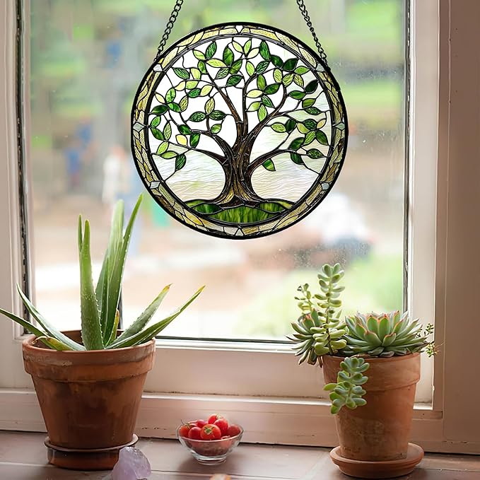AMDERVEN Stained Glass Window Hanging - Brown Tree Trunk Green Leaves Sun Catcher for Door Garden Home Decor Plant Suncatcher Christmas Mother's Day Birthday Gifts for Women Men Mom Nana 9.8 in