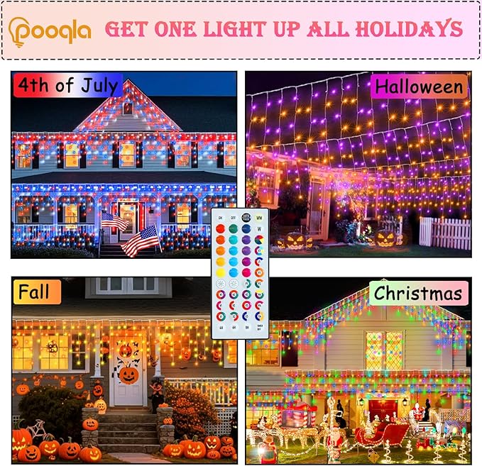Color Changing Christmas Icicle Lights with Remote, 35 Colors 9 Modes String Lights Outdoor, 240 LED 38.5 FT RGB Waterproof Hanging Lights for Roof Window Home Party Easter Valentine's Day Decor