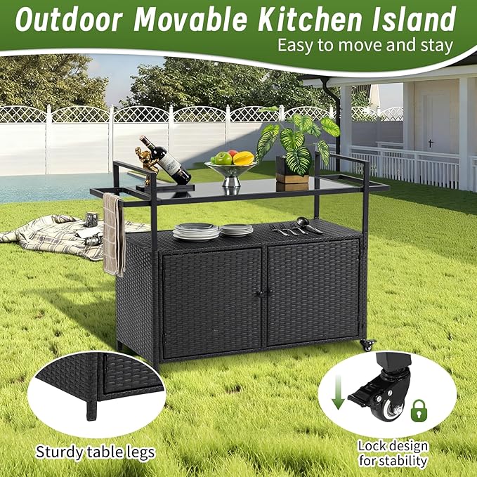 Outdoor Wicker Bar Cart, 51.18" Patio Wine Serving Cart with Tempered Glass Top, Rolling Beverage Table with Wheels & Storage Shelf for Garden, Backyard & Poolside, Black