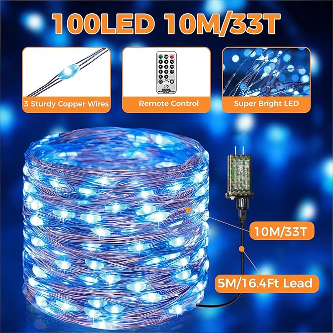 btfarm Fairy Lights Plug in with Remote, 33FT 100 LED Outdoor Twinkle Lights Waterproof with Timer, 8 Modes Indoor String Lights for Bedroom Patio Garden Wedding Christmas Decoration, Blue