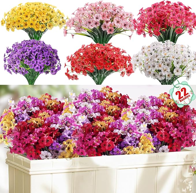 22 Pack Artificial Flowers Outdoor, Faux Silk Flowers for Outdoors Outside Front Porch Hanging Planter Window Box Garden Decoration(Multi-Colour)