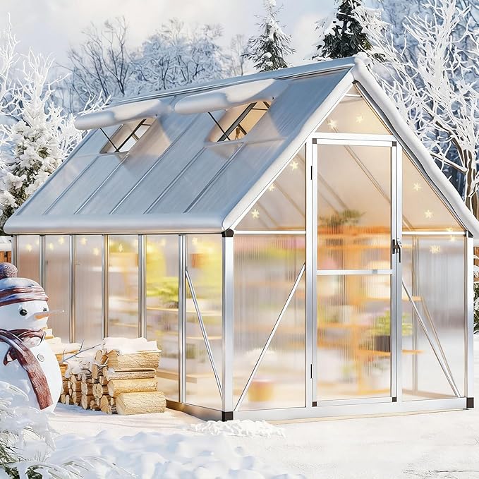 6x11 FT Greenhouse, Heavy Duty Aluminum Polycarbonate Greenhouses for Outdoors with Roof Vent, Easy Assembly, Lockable Door, Large Walk-in Greenhouse for Patio, Backyard, Garden, Silver