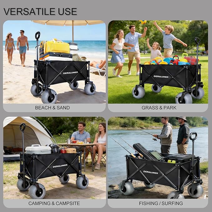 Beach Wagon with Big Wheels for Sand, 35" L Heavy Duty Folding Beach Wagon with 9×4" Balloon Tires, All Terrain Utility Cart for Garden, Sports, Camping, Outdoor (SandRover X800-B,Black)