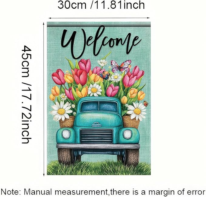 12×18 Inch Double Sided Garden Flag Spring Blue Truck Garden Flags Welcome Garden Flag Seasonal Outdoor Decorative Yard Outdoor Flag Farmhouse Spring Decor