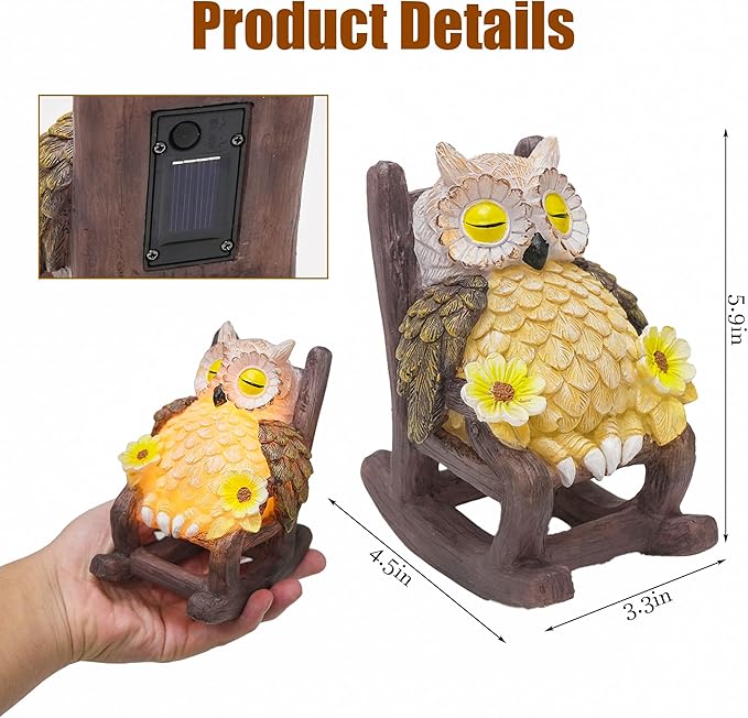 Light Up Owl on Chair Garden Sculpture, LED Solar Powered Owl Lying on The Chair Centerpiece, Cute Figurine Statue for Home Fireplace Outdoor Collection Decoration, 6x4.5x3.3 in