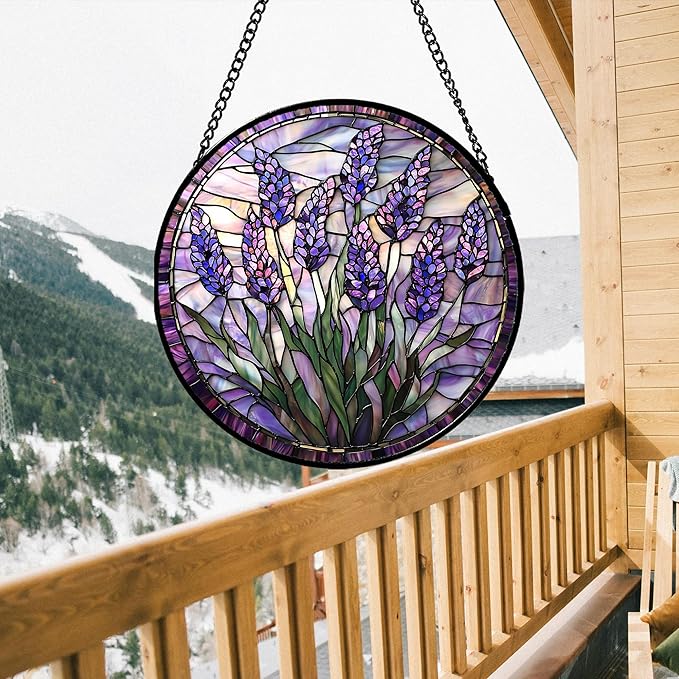 JOSUMALY Stained Glass Window Hanging - Purple Flowers Suncatcher for Door Terrace Garden Home Decor Lavender Plant Floral Sun Catcher Birthday Gifts for Lovers Women Men Dad Mom Nana 6.3 in