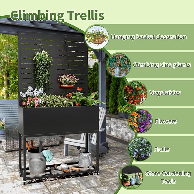 Metal Planter Box with Trellis,67" H x35 W Raised Garden Beds with Privacy Screen for Climbing Plants Flower, Elevated Standing Planter Garden Bed with Drainage Holes for Outdoor Patio,Black