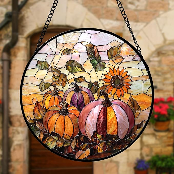 DASTOLL Stained Glass Window Hanging, Pumpkin Sunflower Suncatcher Diamond Glass Panel Sun Catchers Decor for Birthday for Women, Men, Wife, Aunt, and Mom 6.3 in