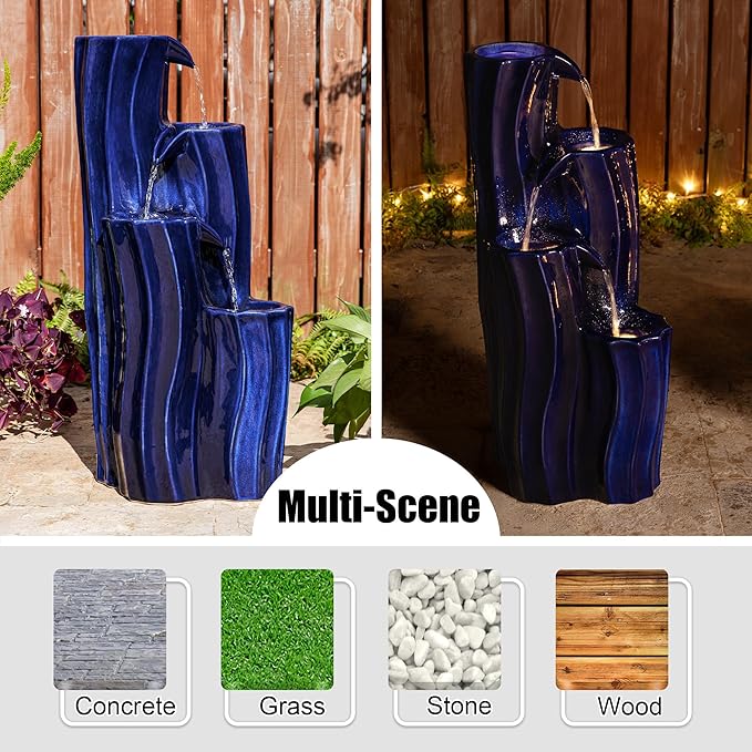 Glitzhome 30" Tall Outdoor Water Fountain with LED Light, Pump & Adapter, 4-Tier Cobalt Blue Wavy Texture Ceramic Cascading Garden Fountains Waterfalls for Porch Deck Patio Backyard
