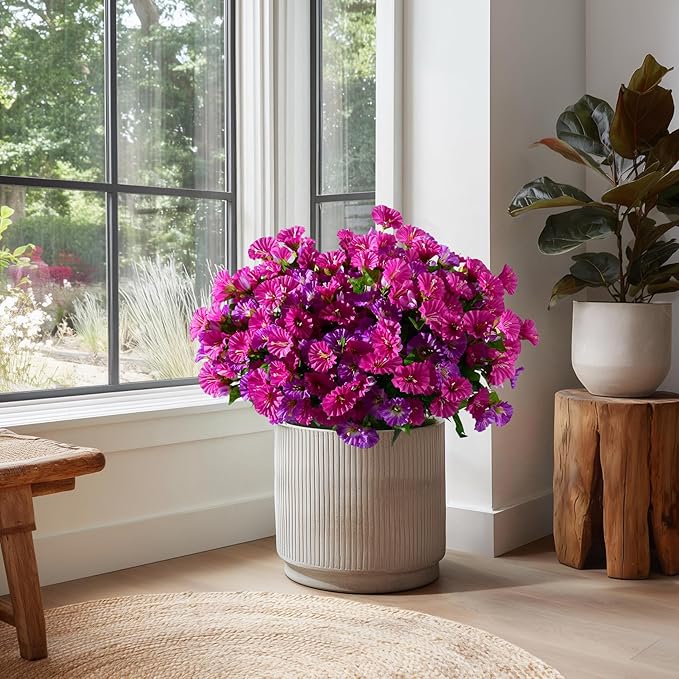 Artificial Morning Glory Flowers Plants for Outdoor 8 Pcs Faux Silk Petunias Flower Realistic Faux Flowers Plants for Outside Planter Porch Yard Patio Balcony Home Indoor Decor (8 Pcs Fuchsia+Purple)