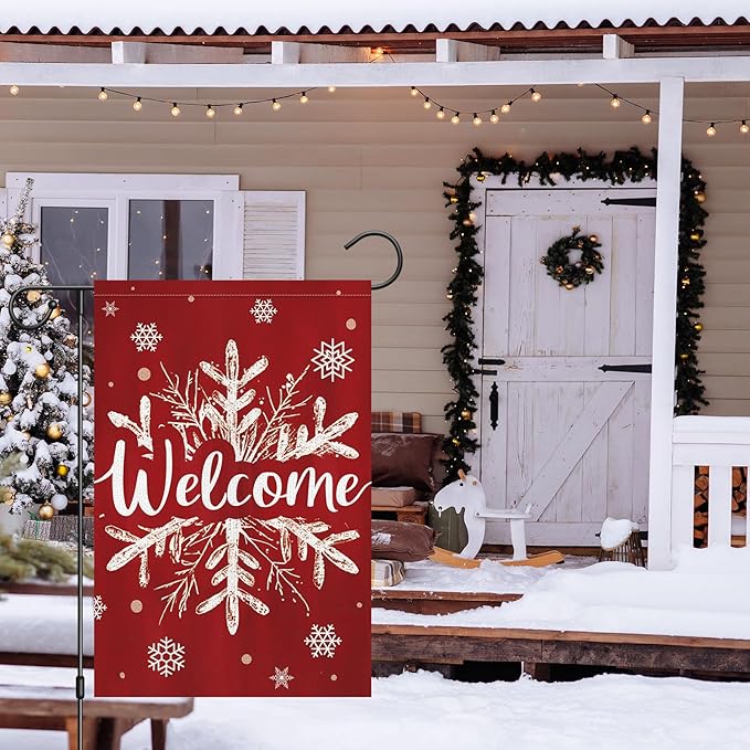 Heyfibro Christmas Winter Welcome Garden Flag 12x18 Inch Double Sided Burlap, Winter Snowflake Yard Flags for Holiday Xmas Yard Outdoor Decoration(ONLY FLAG)