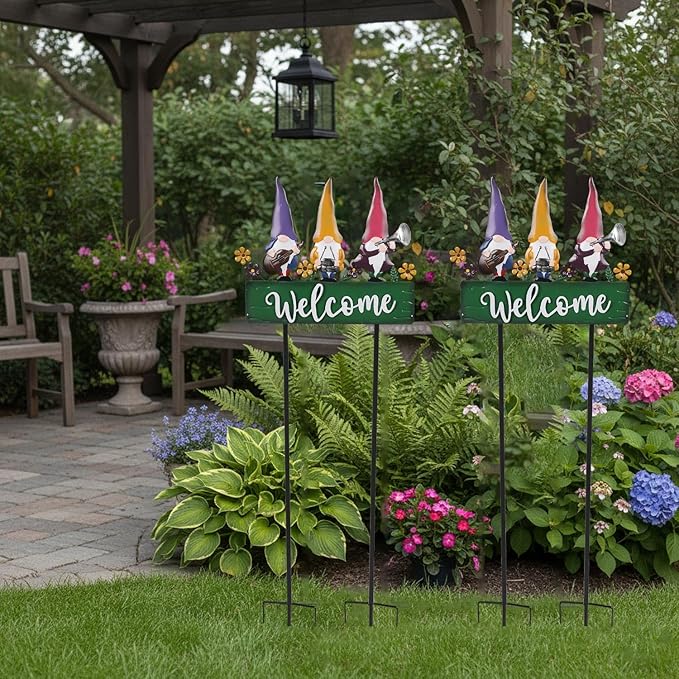 Spring Gnomes Decorations for Yard with Garden Welcome Sign, Large 43.3inch Musical Gnome Decorative Garden Stakes Metal Yard Art for Outdoor Lawn Decorations