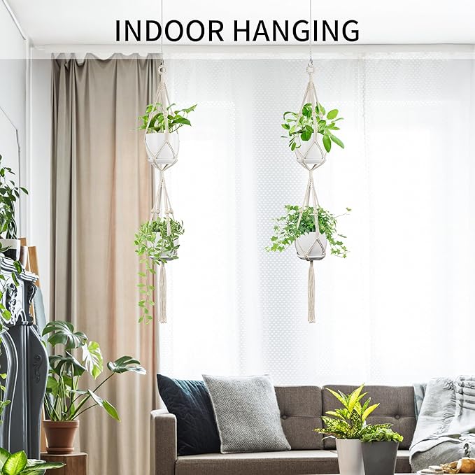 IDEEEPAN Macrame Plant Hanger - Fits 4 to 8 inches Pots for Indoor Outdoor, 49 Inch, Set of 2, Ivory (POTS NOT Included)