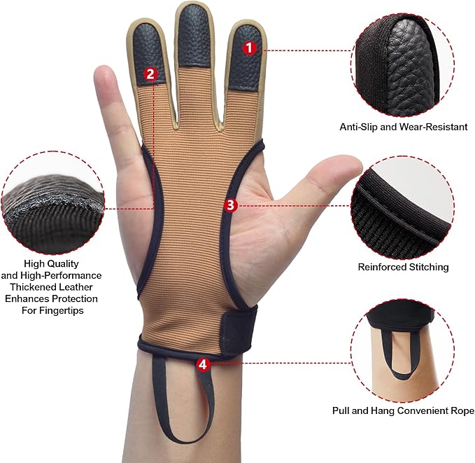 Archery Gloves 2 Pack Shooting Hunting Leather Guard 3-Finger Guard for Youth Adult Man Woman and Beginner Recurve Arrow Bow Archery Protective Gear Accessories