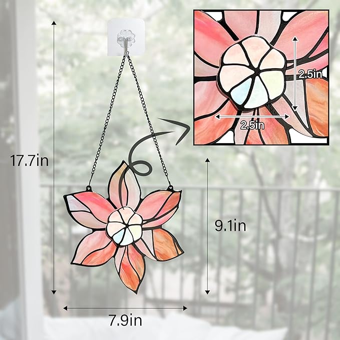 DASTOLL Stained Glass Window Hanging - Pink Flowers Suncatchers for Windows Hanging Floral Sun Catcher for Plant Lovers Anniversary Love Gift